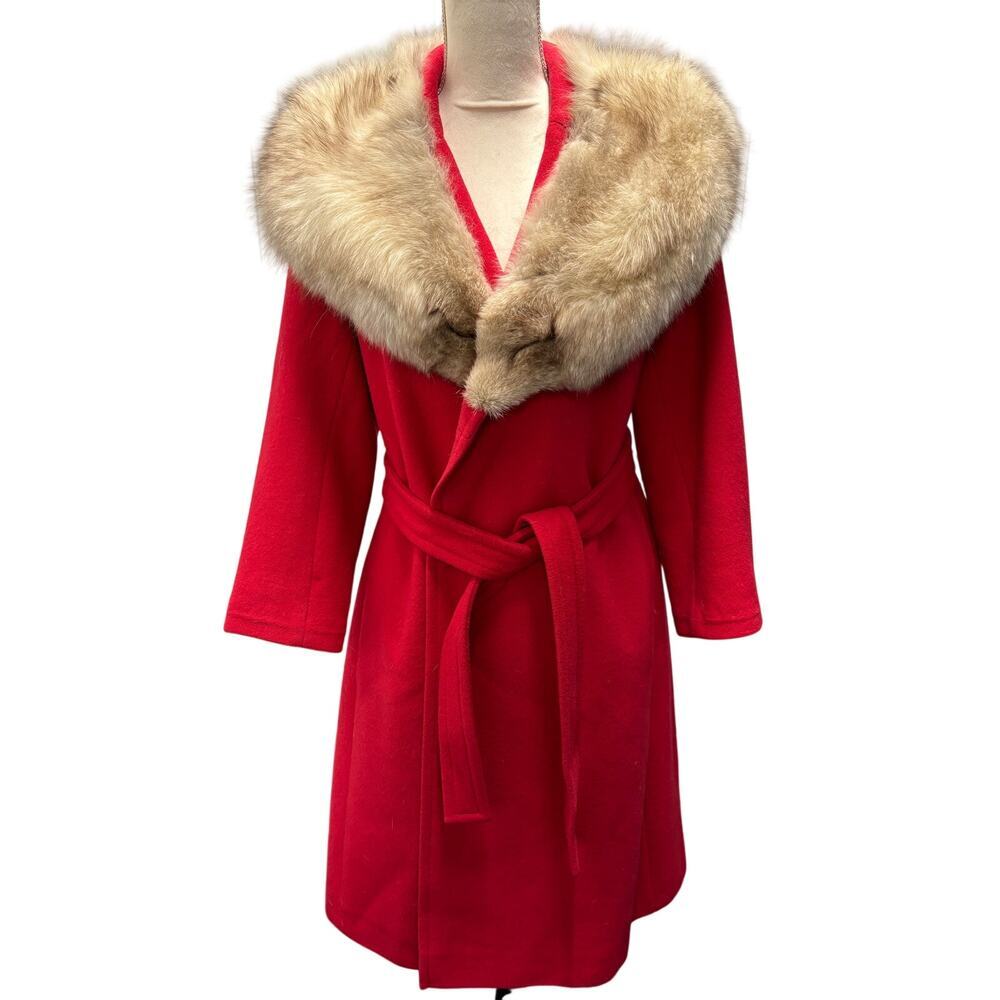Vintage 1960s Cashmere Belted Fox Fur Collar Coat Size S